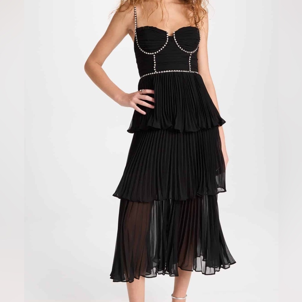 Self Portrait Black Chiffon Tiered Midi Dress - size 8